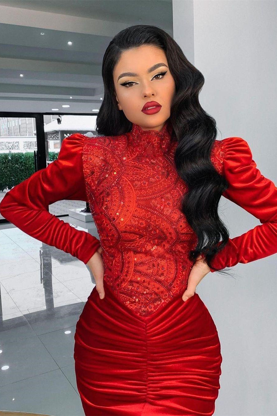 BMbride Stunning Red Velvet High Neck Mermaid Prom Dress Long Sleeves BMbride