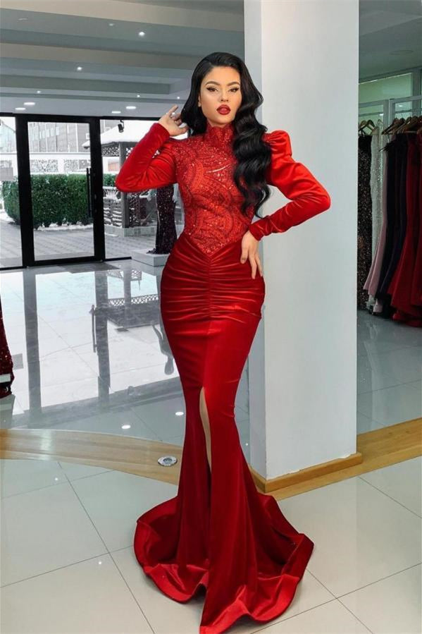 BMbride Stunning Red Velvet High Neck Mermaid Prom Dress Long Sleeves BMbride