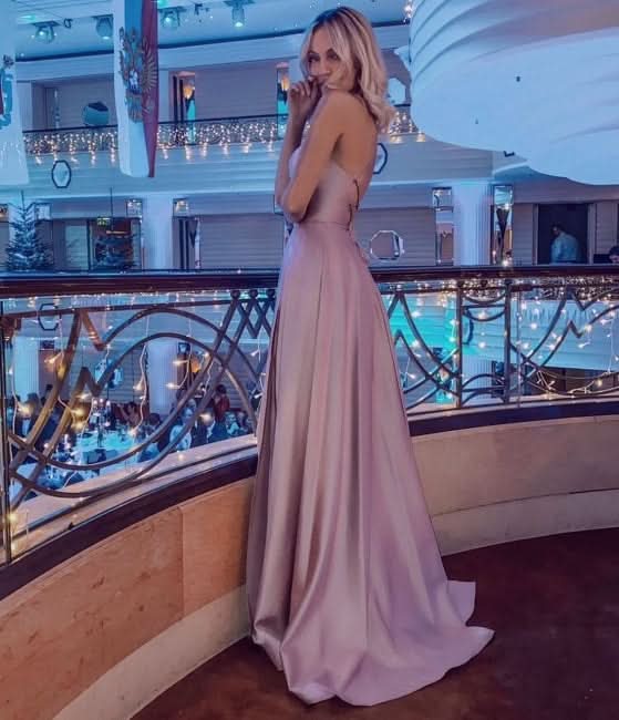 BMbride Stunning Spaghetti Straps Satin Evening Dress with Side Slit BMbride