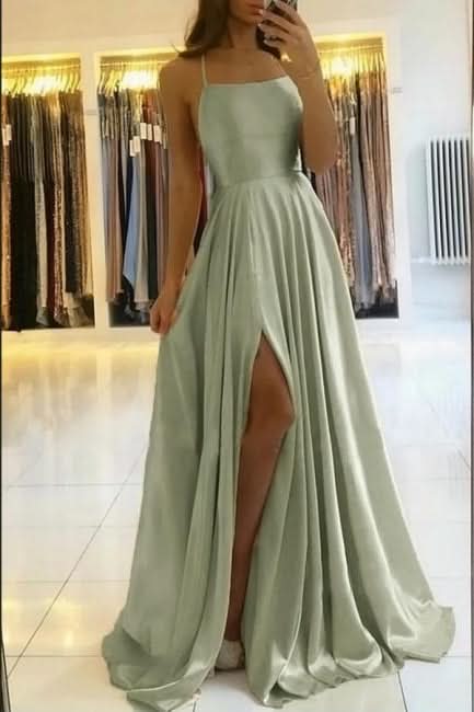 BMbride Stunning Spaghetti Straps Satin Evening Dress with Side Slit BMbride