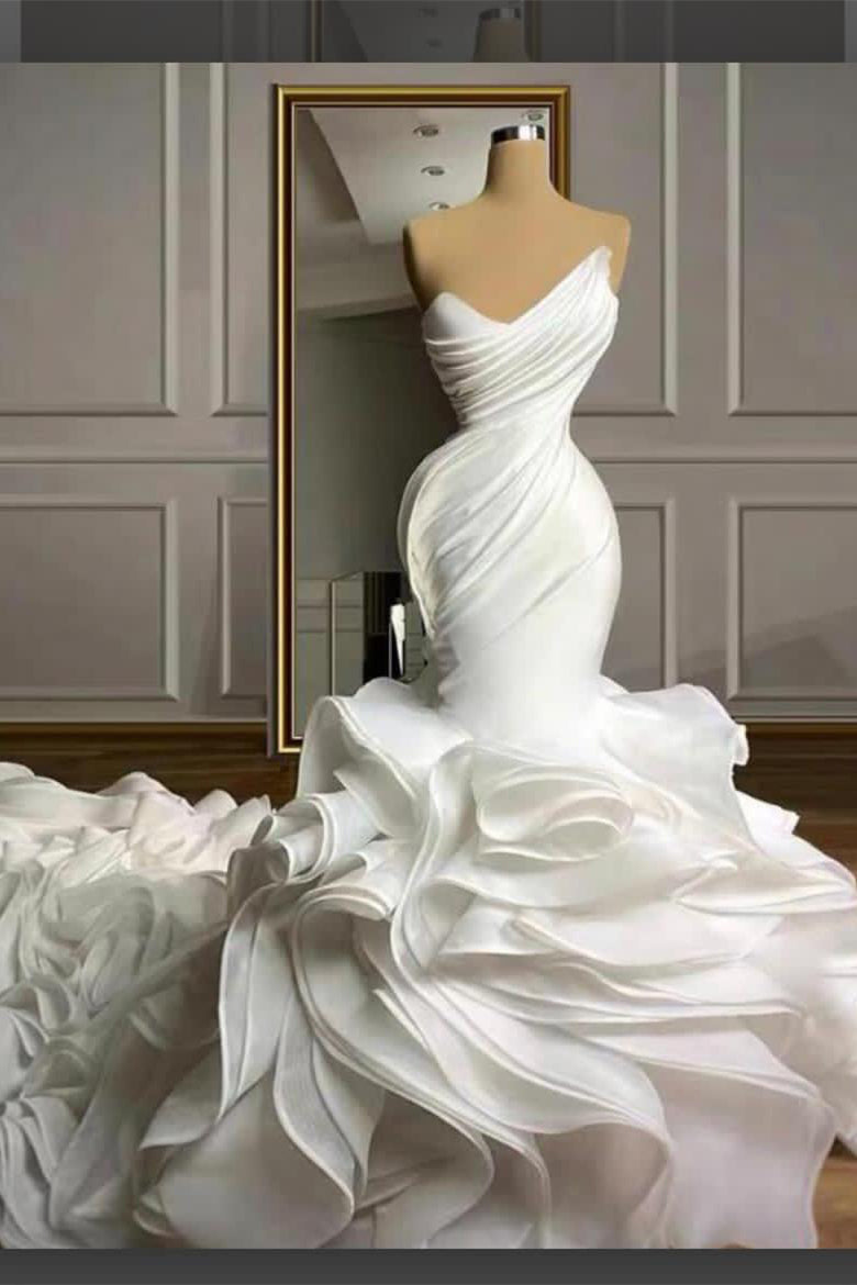 BMbride Stunning Strapless Organza Tiered Piping Mermaid Wedding Dress BMbride