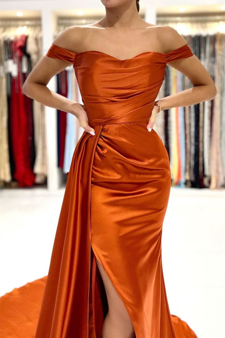 BMbride Stunning Stretch Satin Off Shoulder Evening Gown with Side Slit Detachable Train BMbride