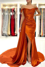 BMbride Stunning Stretch Satin Off Shoulder Evening Gown with Side Slit Detachable Train BMbride