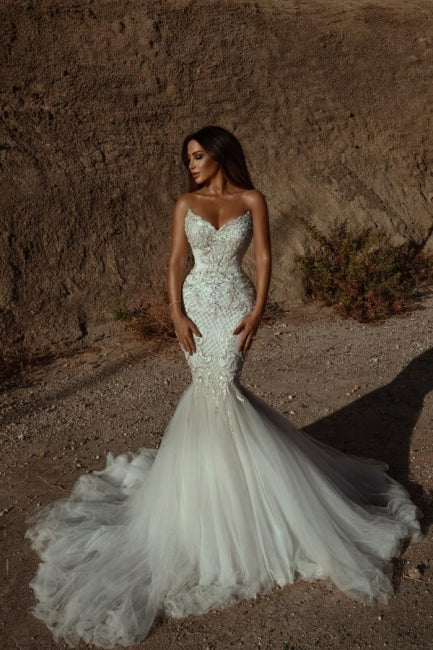 BMbride Stunning Sweetheart Beading Mermaid Wedding Gown Sleeveless Tulle Bridal Dress BMbride