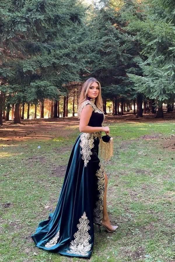 BMbride Stunning Velvet Evening Gown Sleeveless Gold Appliques Formal Dress with Detachable Train Side Slit BMbride