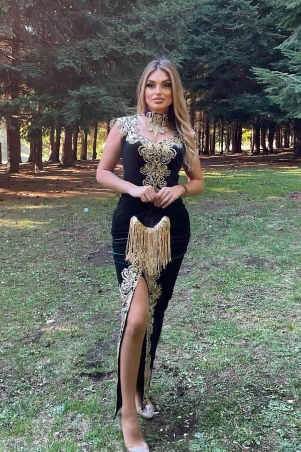 BMbride Stunning Velvet Evening Gown Sleeveless Gold Appliques Formal Dress with Detachable Train Side Slit BMbride