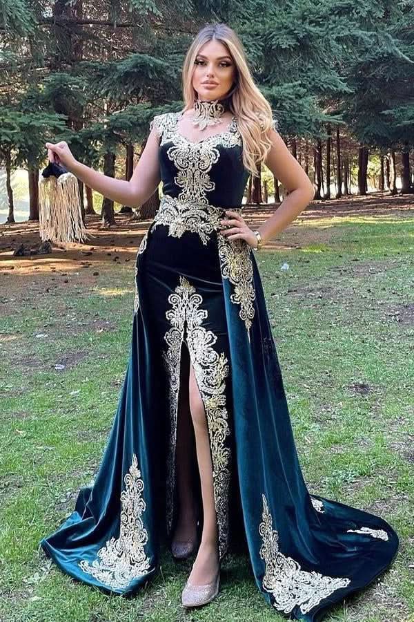 BMbride Stunning Velvet Evening Gown Sleeveless Gold Appliques Formal Dress with Detachable Train Side Slit BMbride