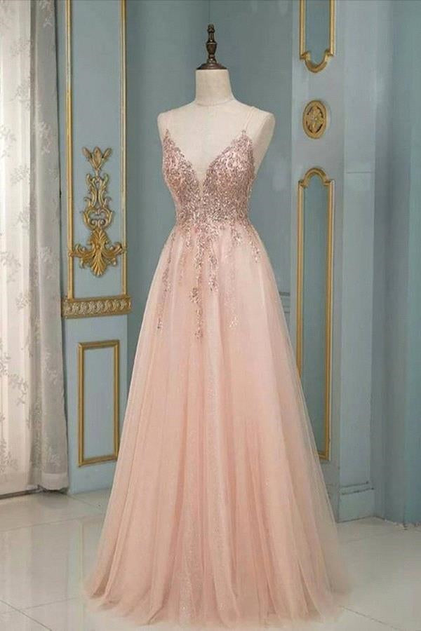 BMbride Stylish Spaghetti Straps V-Neck Floral Lace Evening Maxi Dress Tulle Sleeveless Prom Swing Dress BMbride