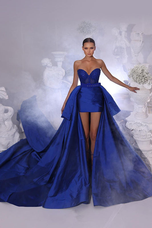 Sweetheart A-line Short Lace Sleeveless Prom Dress with a Detachable Train for a Versatile Look BM bride