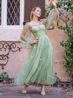 Captivating Sweetheart Embroidery Tea-Length Tulle Prom Dress with Puff Sleeves BM bride