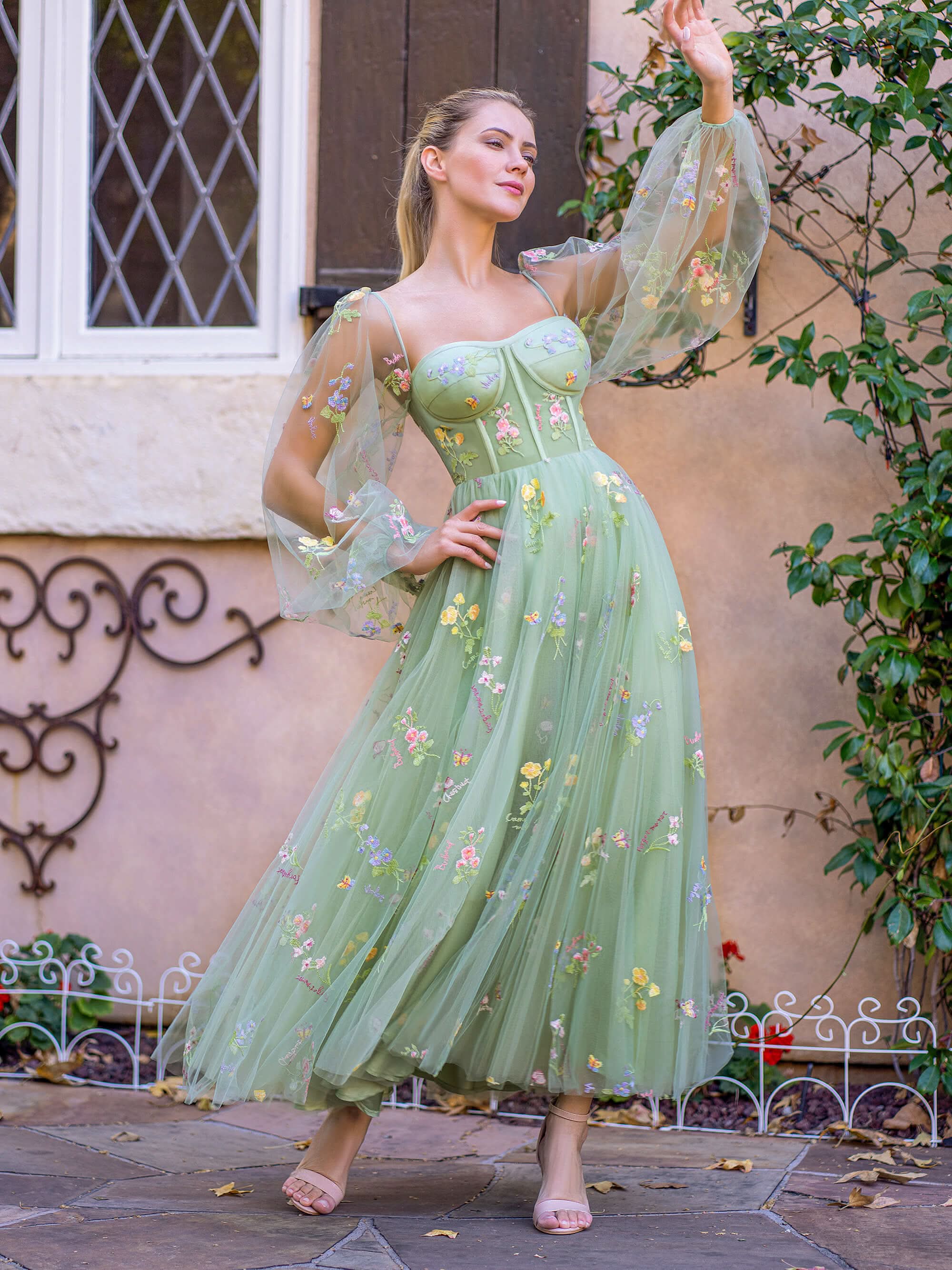Captivating Sweetheart Embroidery Tea-Length Tulle Prom Dress with Puff Sleeves BM bride