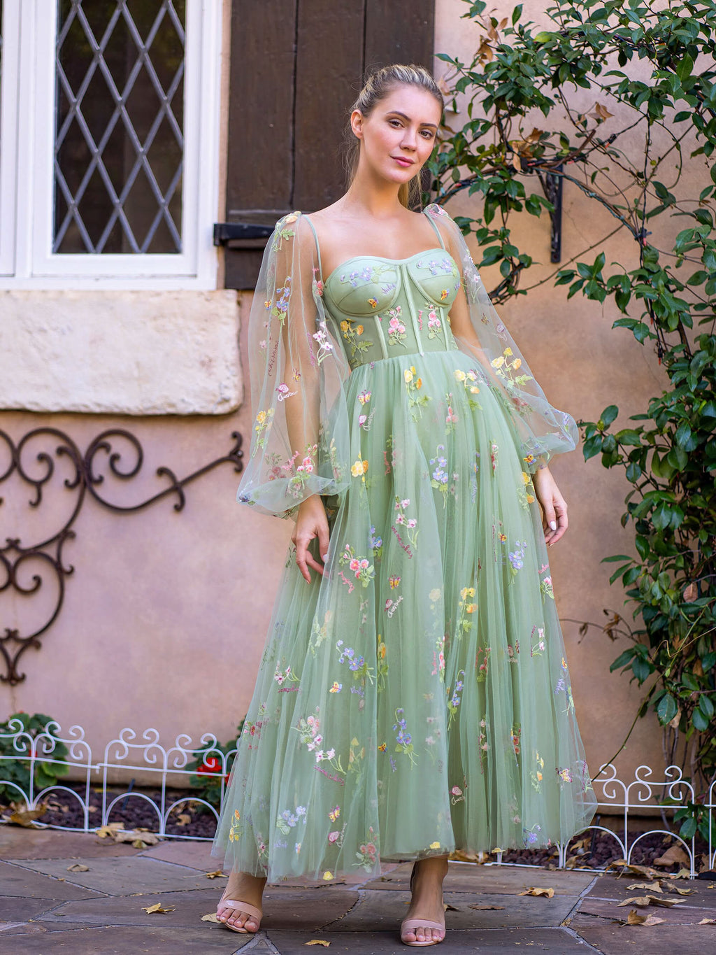 Captivating Sweetheart Embroidery Tea-Length Tulle Prom Dress with Puff Sleeves BM bride