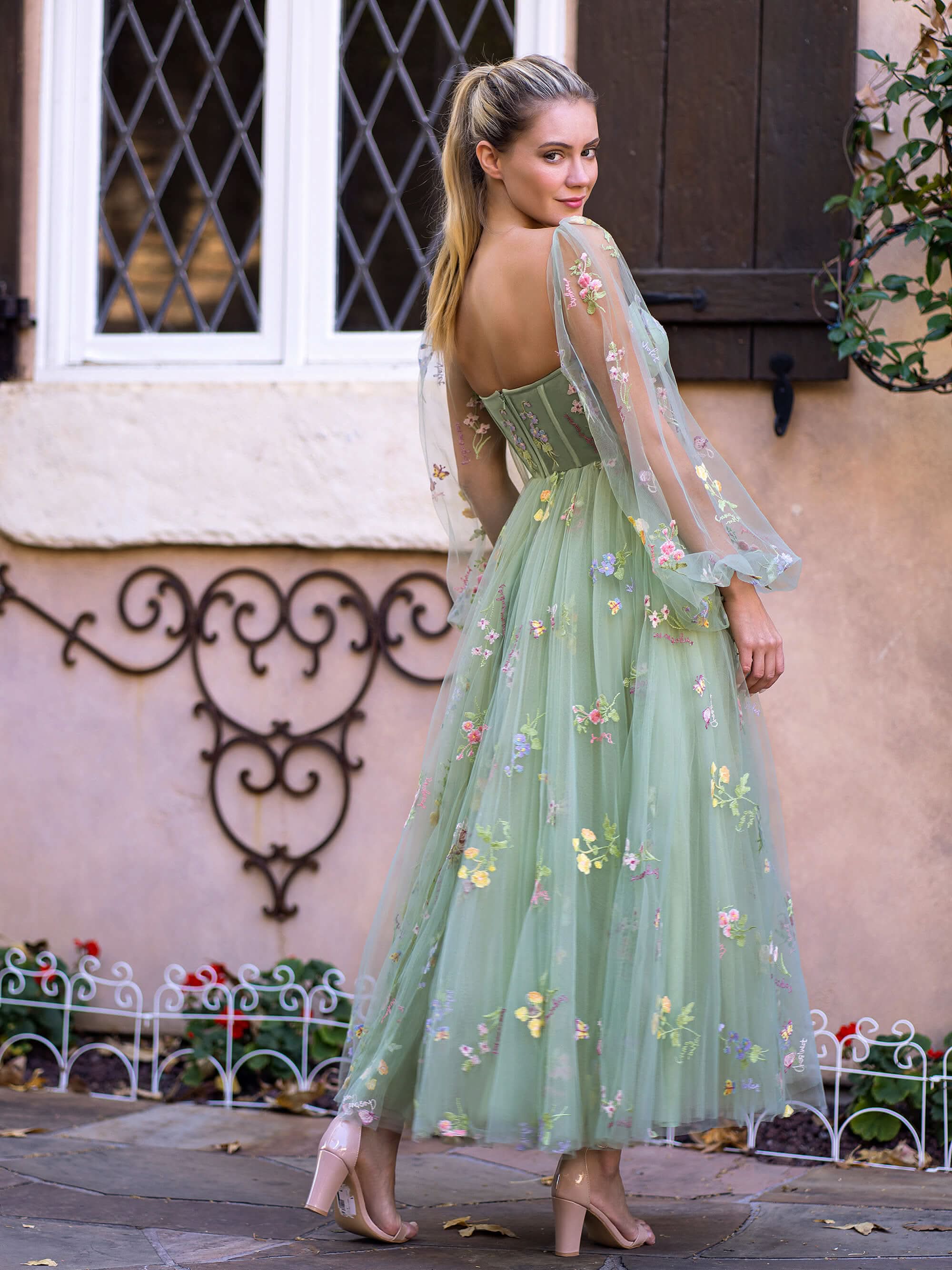 Captivating Sweetheart Embroidery Tea-Length Tulle Prom Dress with Puff Sleeves BM bride