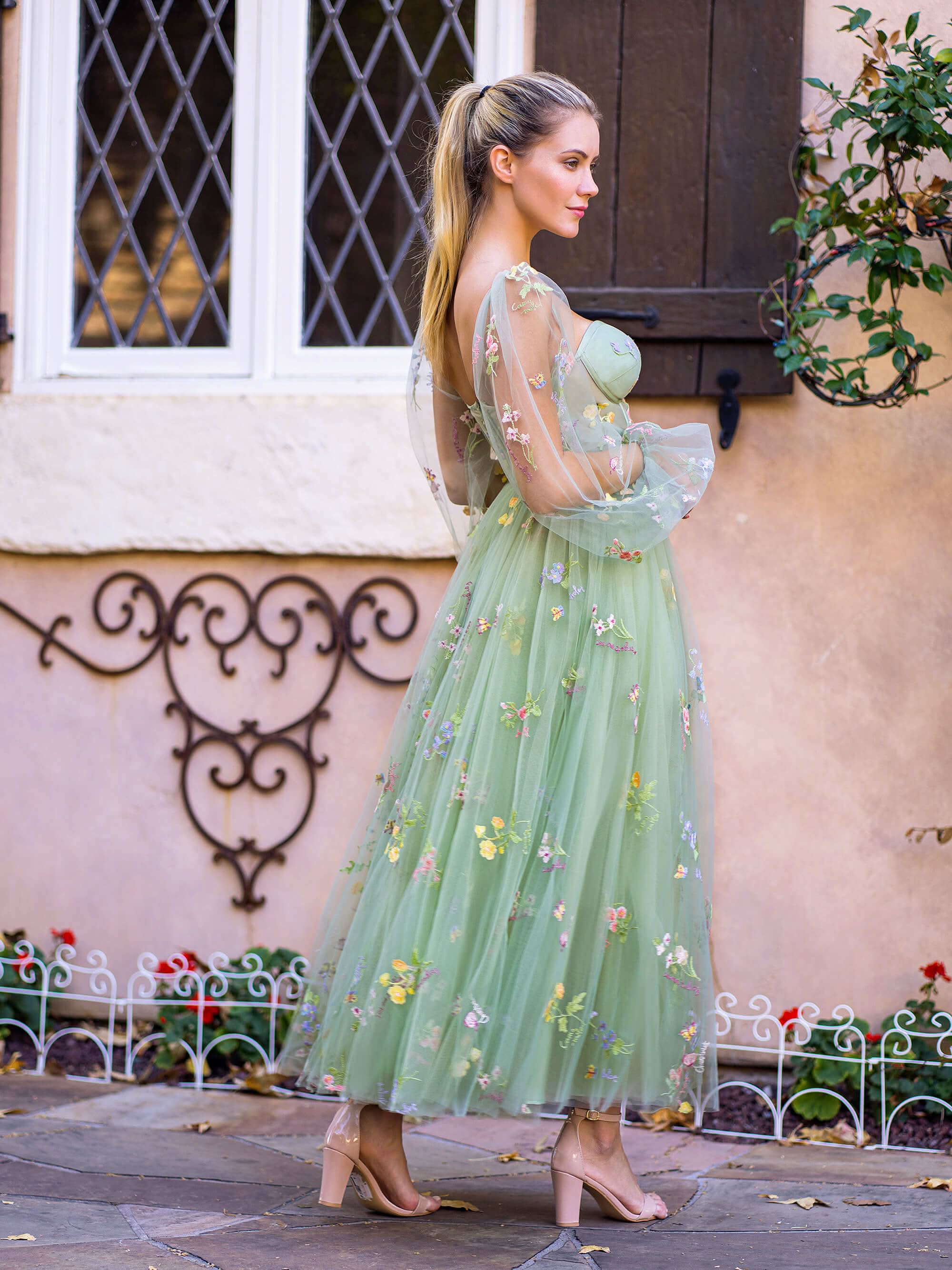Captivating Sweetheart Embroidery Tea-Length Tulle Prom Dress with Puff Sleeves BM bride
