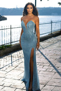 BMbride Sweetheart Blue Sleeveless Beading Mermaid Prom Dress With Slit BMbride
