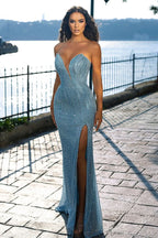 BMbride Sweetheart Blue Sleeveless Beading Mermaid Prom Dress With Slit BMbride