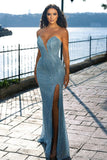 BMbride Sweetheart Blue Sleeveless Beading Mermaid Prom Dress With Slit BMbride