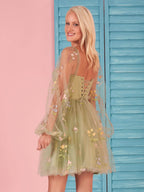 Charming Sweetheart Embroidery Short-Length Tulle Puff Sleeves Cocktail Dress BM bride