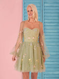 Charming Sweetheart Embroidery Short-Length Tulle Puff Sleeves Cocktail Dress BM bride