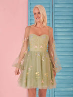 Charming Sweetheart Embroidery Short-Length Tulle Puff Sleeves Cocktail Dress BM bride
