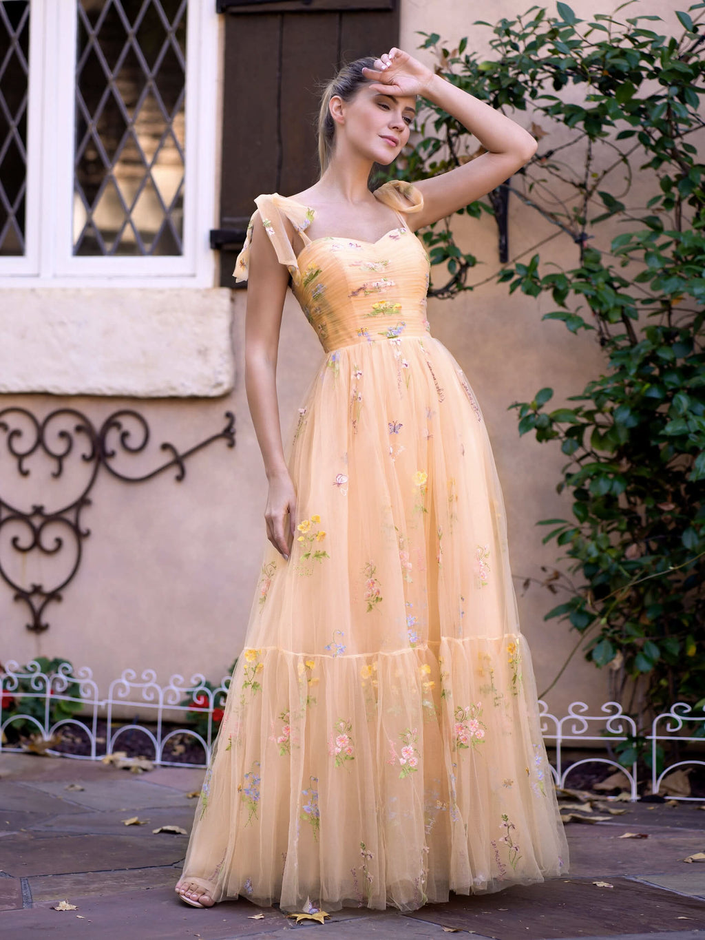 Beautiful Sweetheart Neck Floor Length Tulle Embroidery Floral Prom Dress BM bride