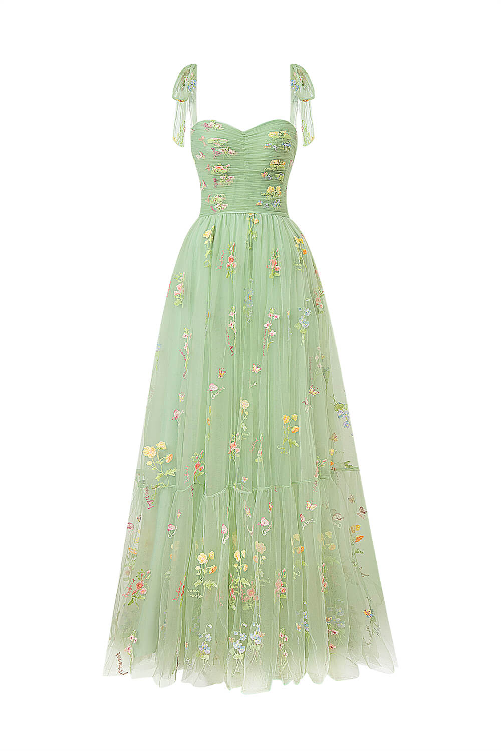 Beautiful Sweetheart Neck Floor Length Tulle Embroidery Floral Prom Dress BM bride