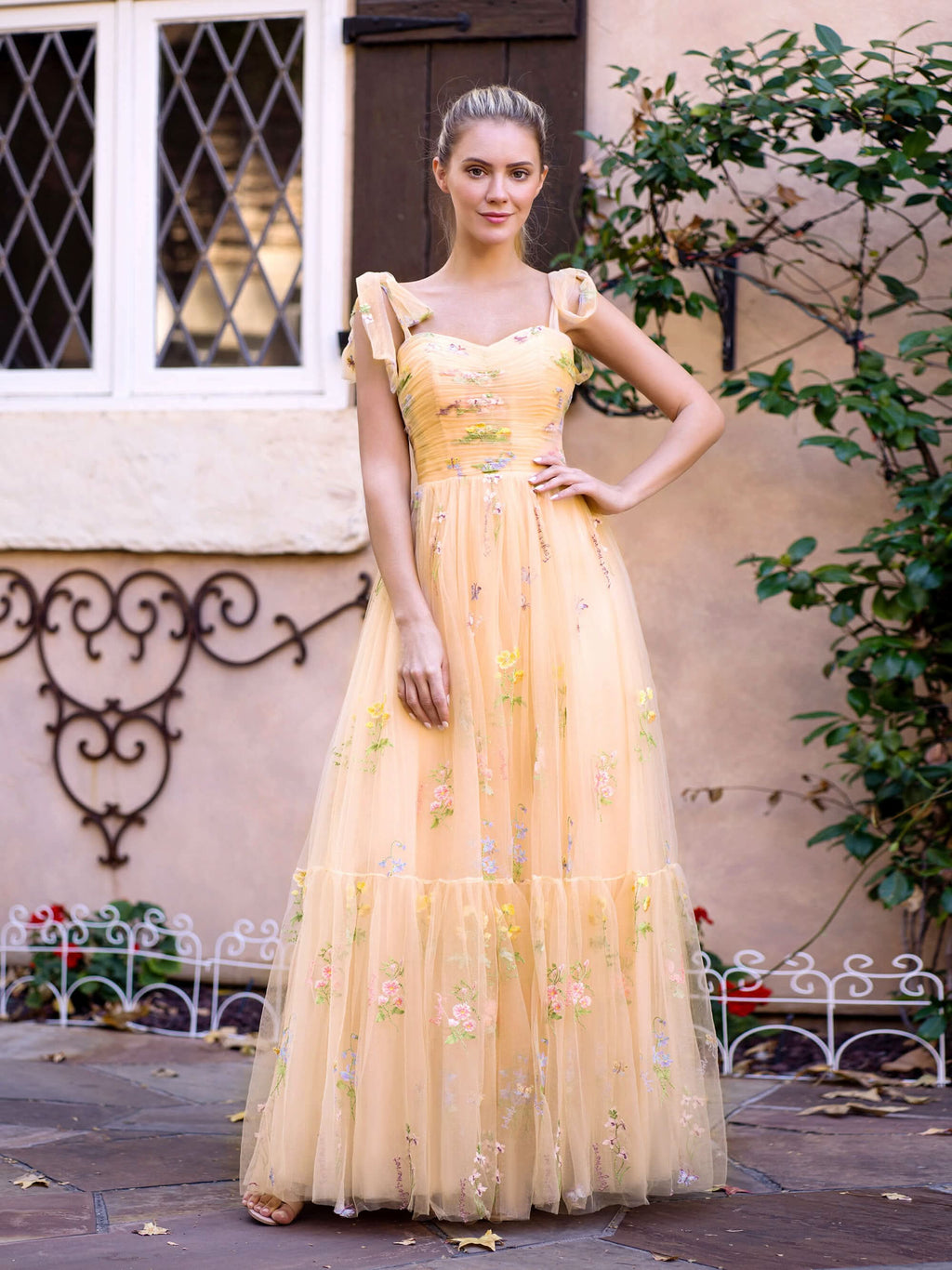 Beautiful Sweetheart Neck Floor Length Tulle Embroidery Floral Prom Dress BM bride