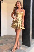 Sweetheart Gold Metallic A-Line Ruffle Homecoming Dress BM bride