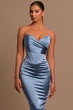 BMbride Sweetheart Long Mermaid Dusty Blue Satin Prom Dress BMbride