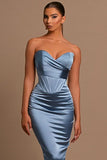 BMbride Sweetheart Long Mermaid Dusty Blue Satin Prom Dress BMbride