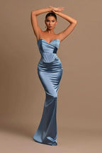 BMbride Sweetheart Long Mermaid Dusty Blue Satin Prom Dress BMbride
