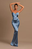 BMbride Sweetheart Long Mermaid Dusty Blue Satin Prom Dress BMbride