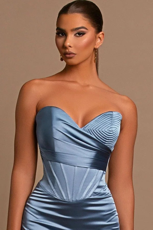 BMbride Sweetheart Long Mermaid Dusty Blue Satin Prom Dress BMbride