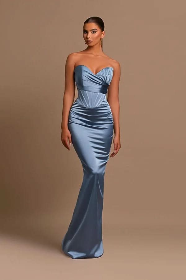 BMbride Sweetheart Long Mermaid Dusty Blue Satin Prom Dress BMbride