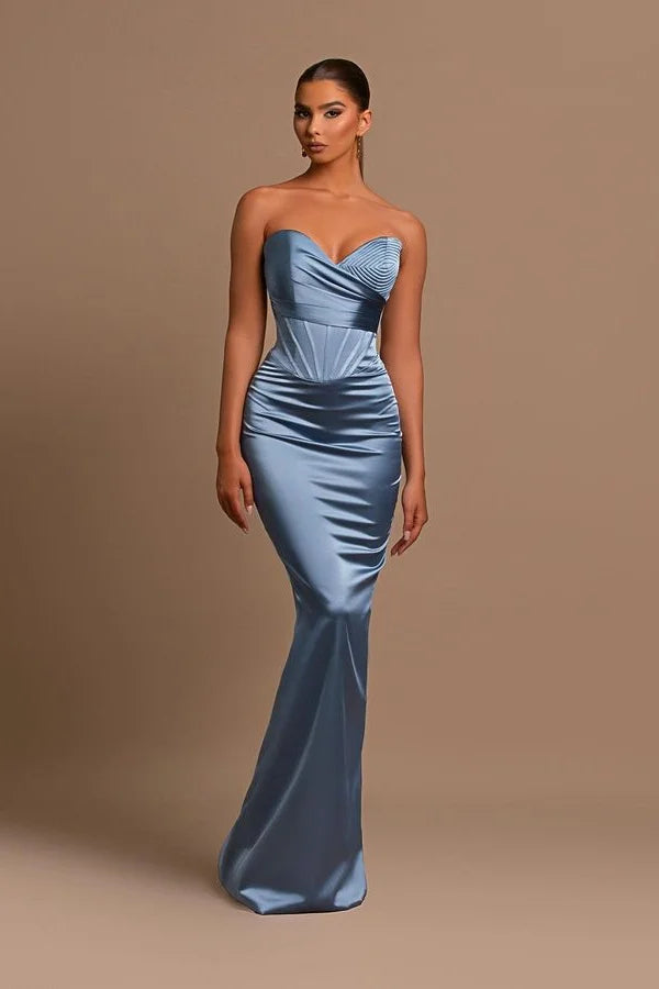 BMbride Sweetheart Long Mermaid Dusty Blue Satin Prom Dress BMbride