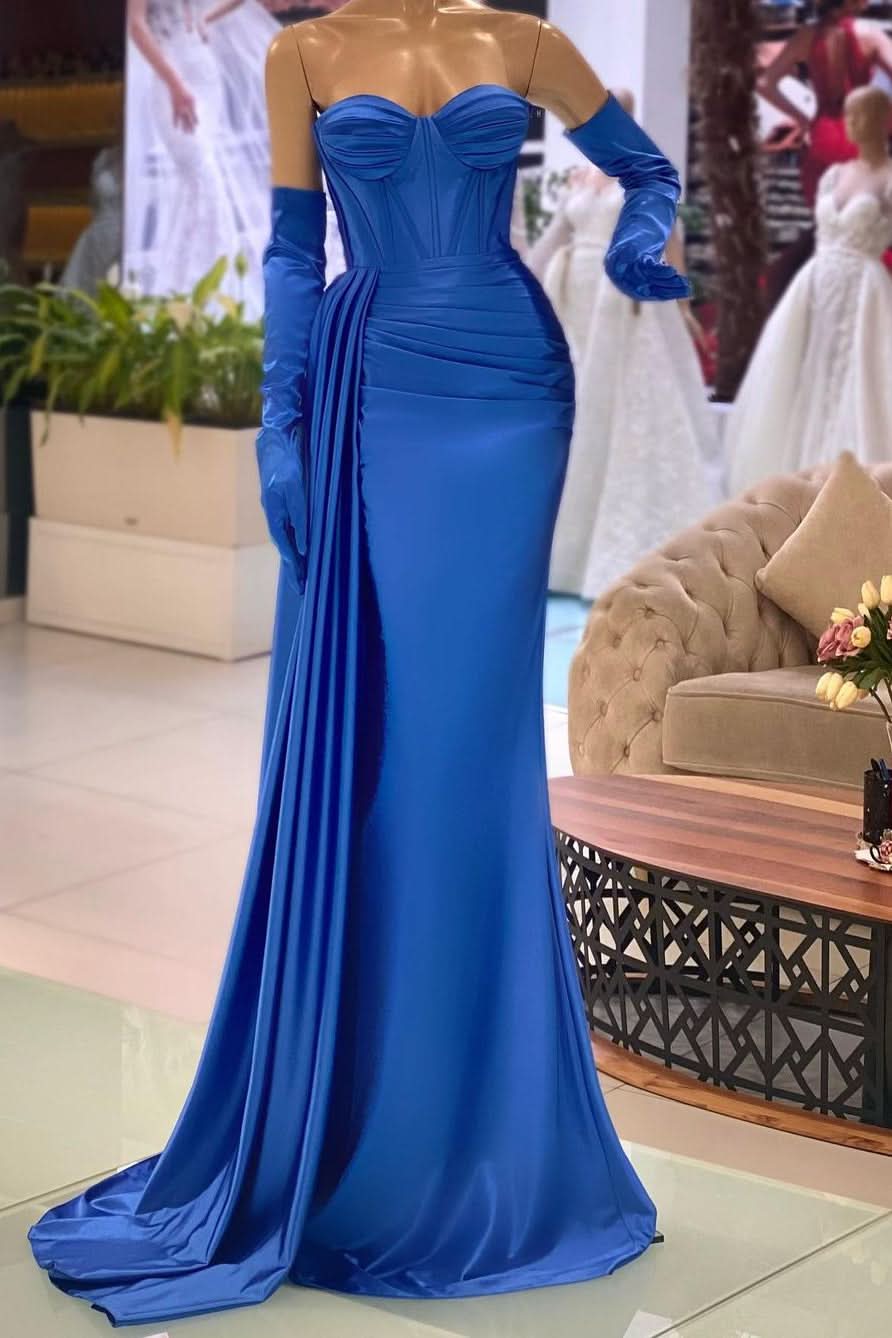 BMbride Sweetheart Simple Royal Blue Mermaid Sleeveless Prom Dress With Ruffles BMbride