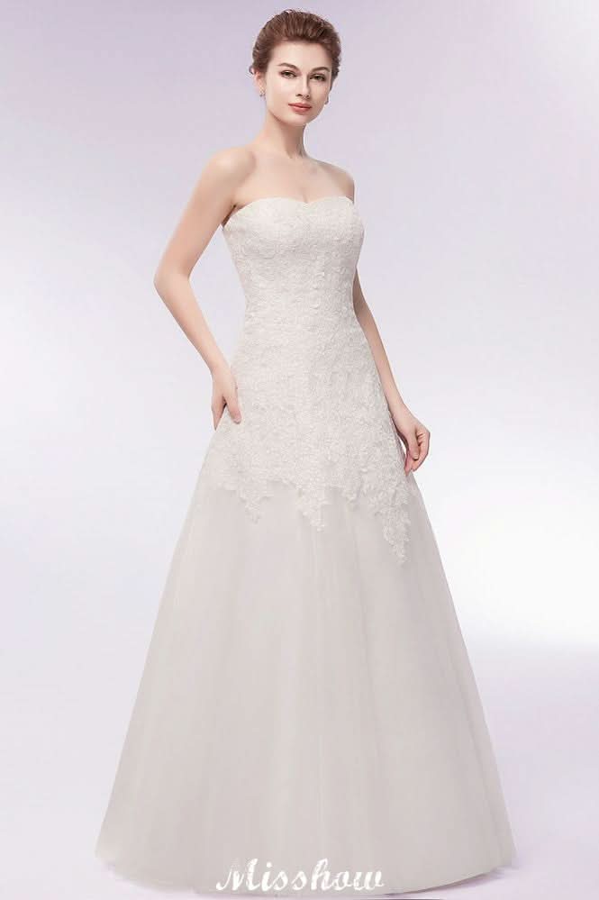 BMbride Sweetheart Strapless A-line Long Lace Tulle Wedding Dresses BMbride