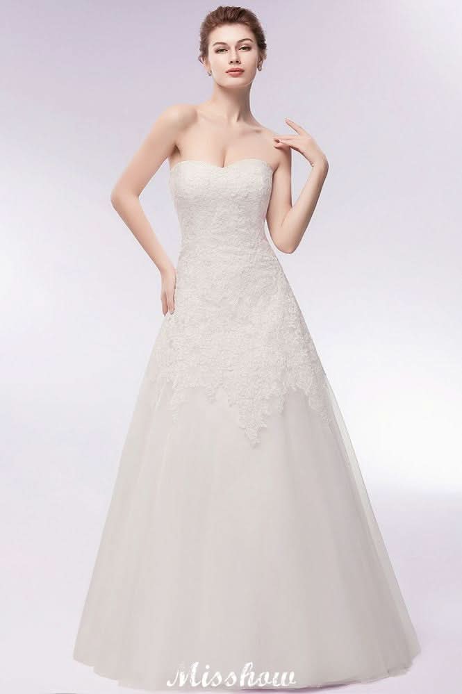 BMbride Sweetheart Strapless A-line Long Lace Tulle Wedding Dresses BMbride