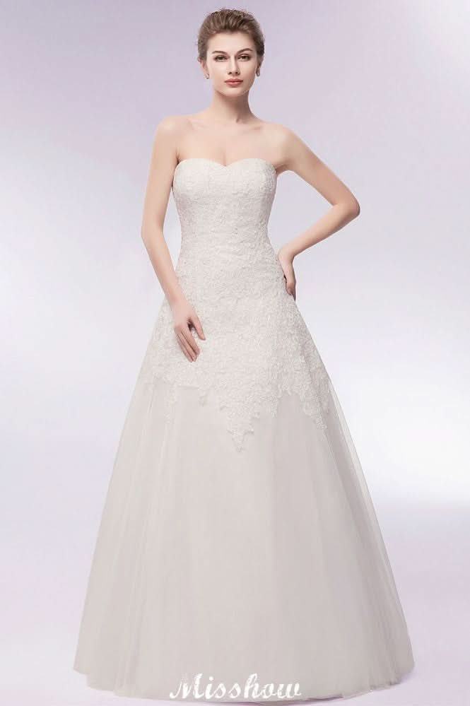 BMbride Sweetheart Strapless A-line Long Lace Tulle Wedding Dresses BMbride