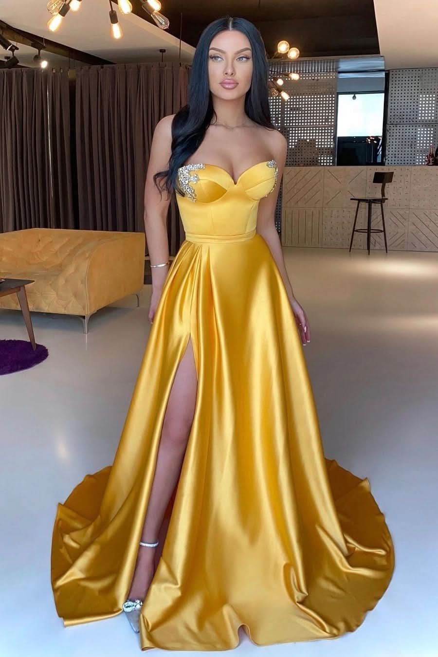 Sweetheart Yellow A-line Sequined Sleeveless Prom Dress With an Alluring Slit BM bride