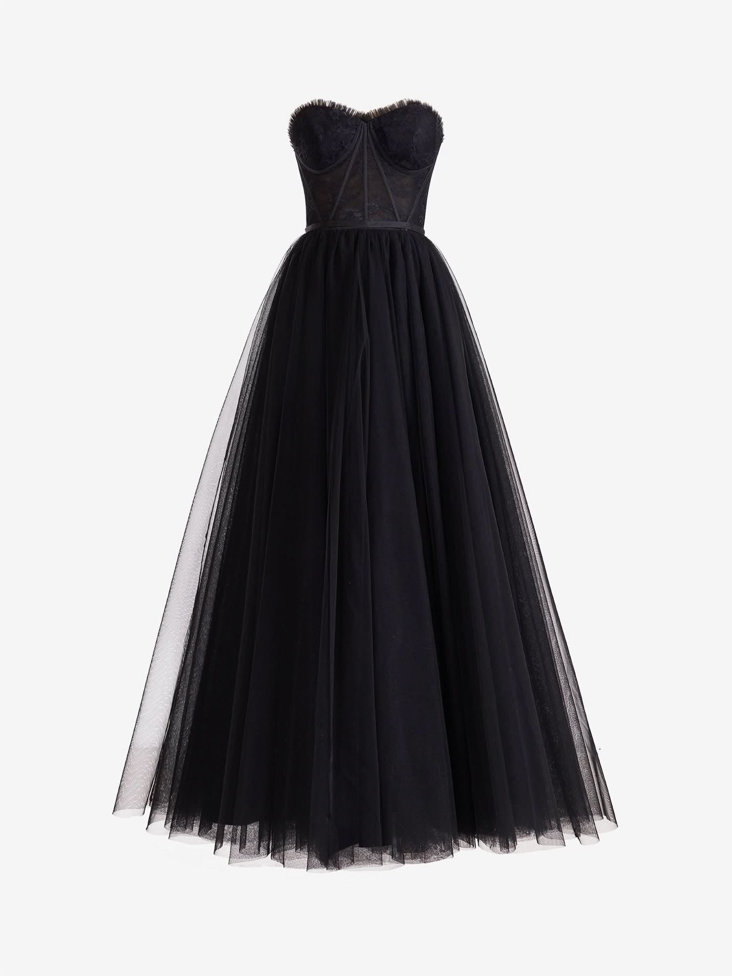 Stunning Black A-Line Sweetheart Corset Tulle Prom Dress with Slit BM bride