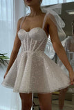 Chic White Spraying Tie Shoulder A-Line Short Party Dress BM bride