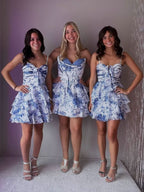 Tiered Ruffles Short Homecoming Dresses with Bow Corset Floral Print Mini Cocktail Party Gown - Bmbride