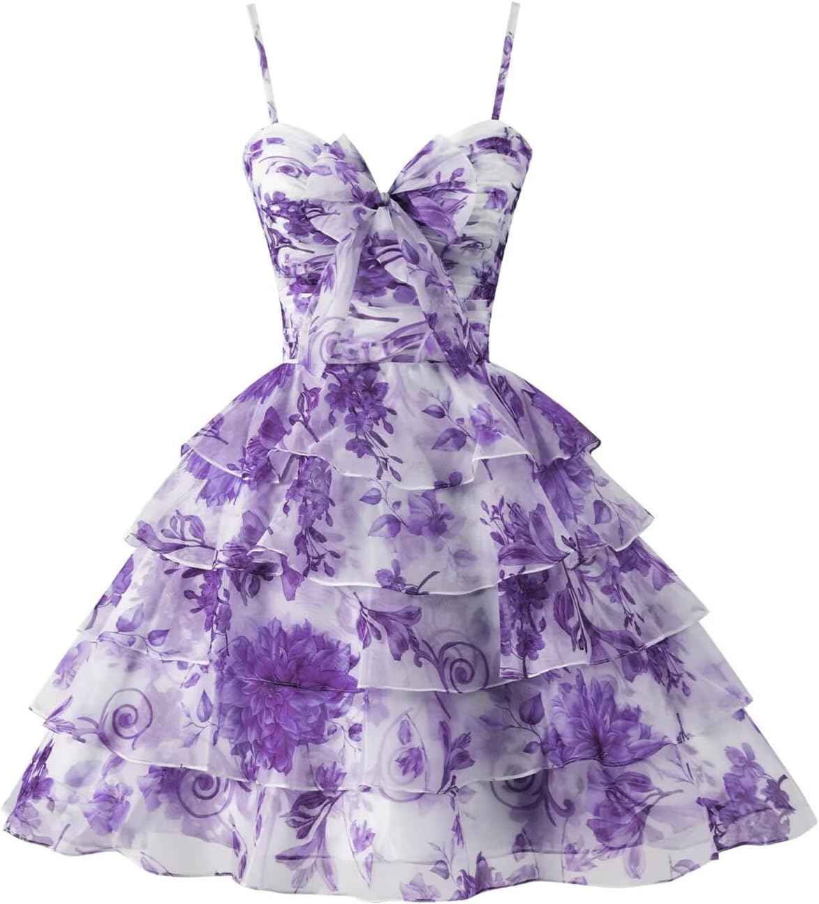Tiered Ruffles Short Homecoming Dresses with Bow Corset Floral Print Mini Cocktail Party Gown - Bmbride
