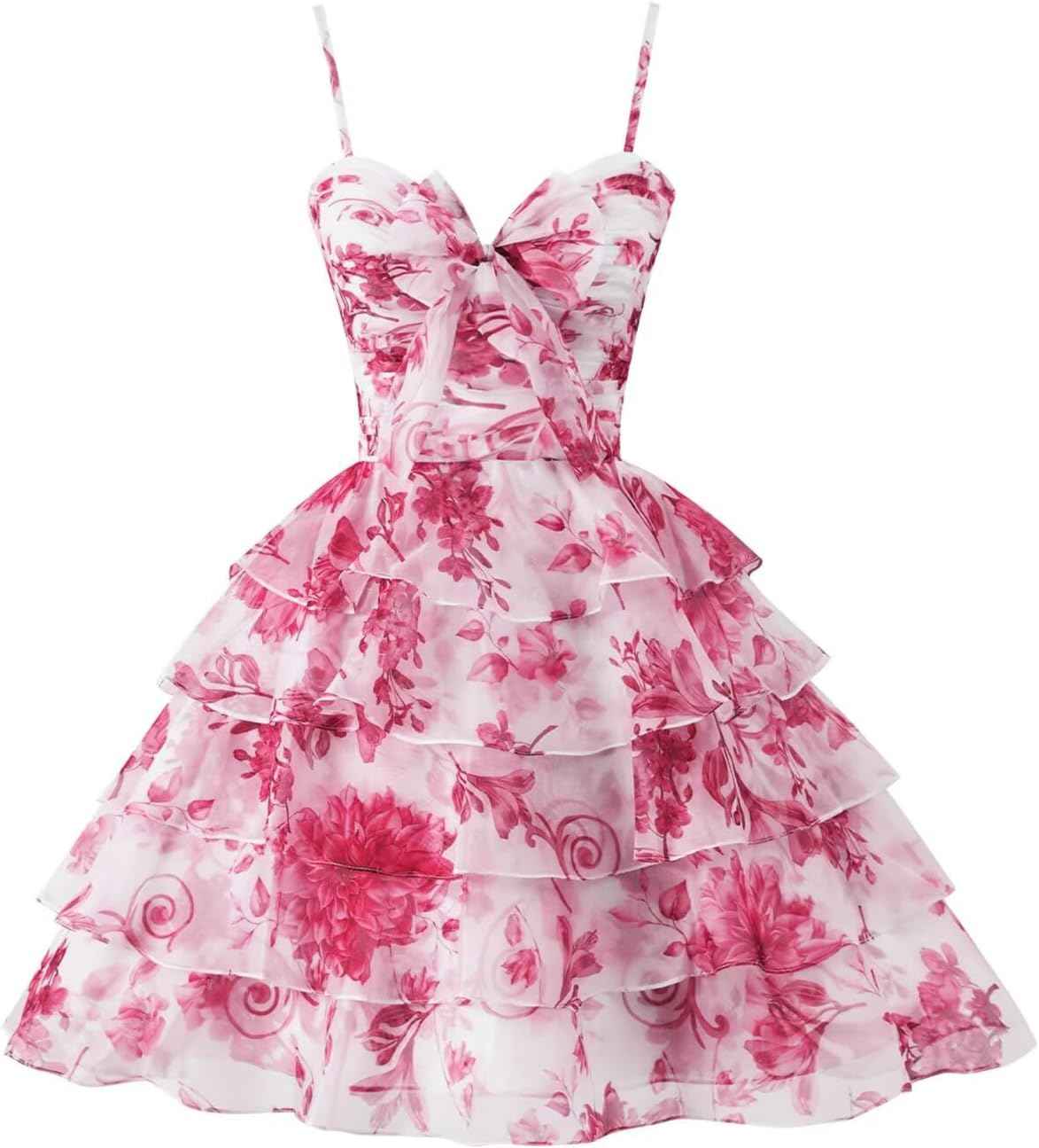 Tiered Ruffles Short Homecoming Dresses with Bow Corset Floral Print Mini Cocktail Party Gown - Bmbride