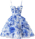 Tiered Ruffles Short Homecoming Dresses with Bow Corset Floral Print Mini Cocktail Party Gown - Bmbride