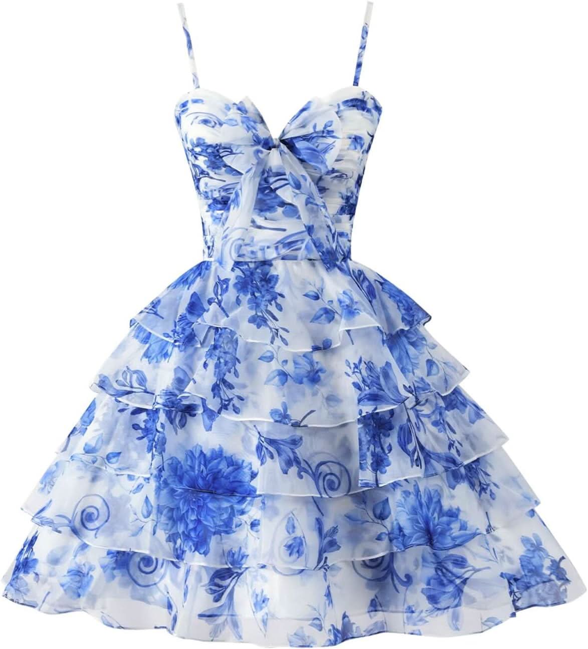 Tiered Ruffles Short Homecoming Dresses with Bow Corset Floral Print Mini Cocktail Party Gown - Bmbride
