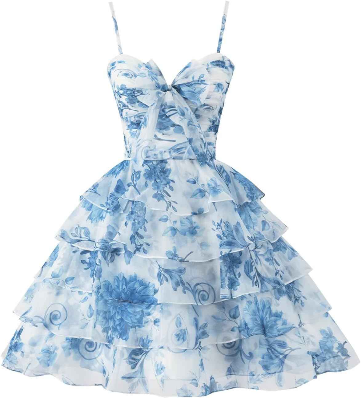 Tiered Ruffles Short Homecoming Dresses with Bow Corset Floral Print Mini Cocktail Party Gown - Bmbride