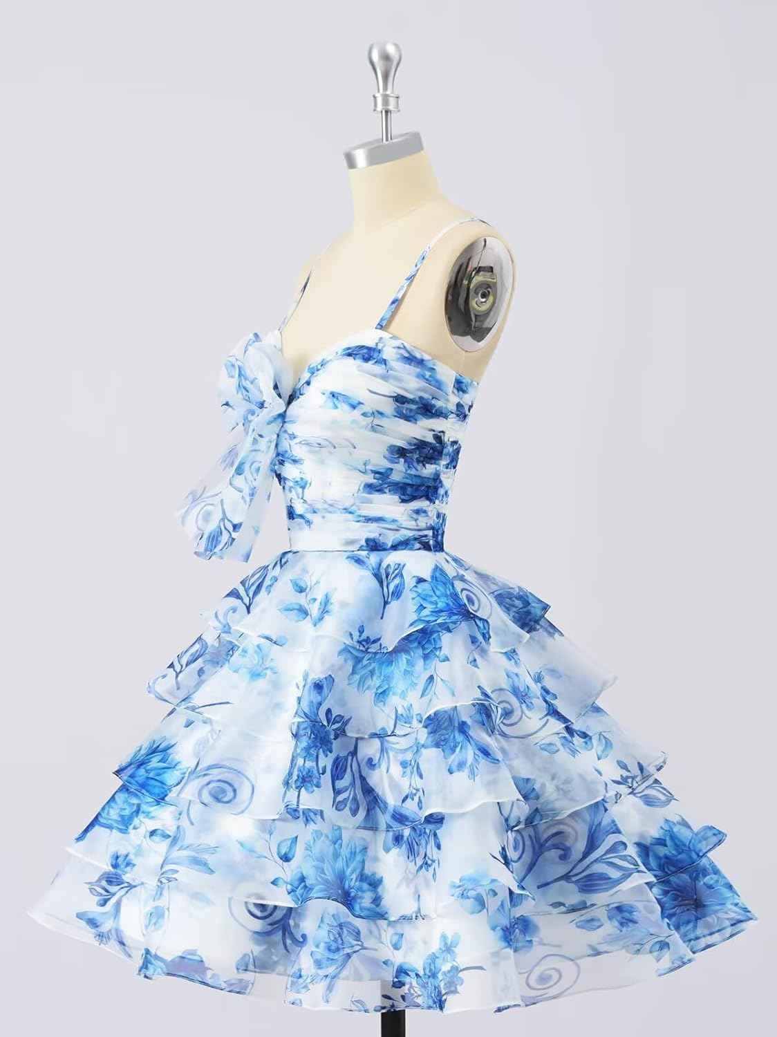 Tiered Ruffles Short Homecoming Dresses with Bow Corset Floral Print Mini Cocktail Party Gown - Bmbride
