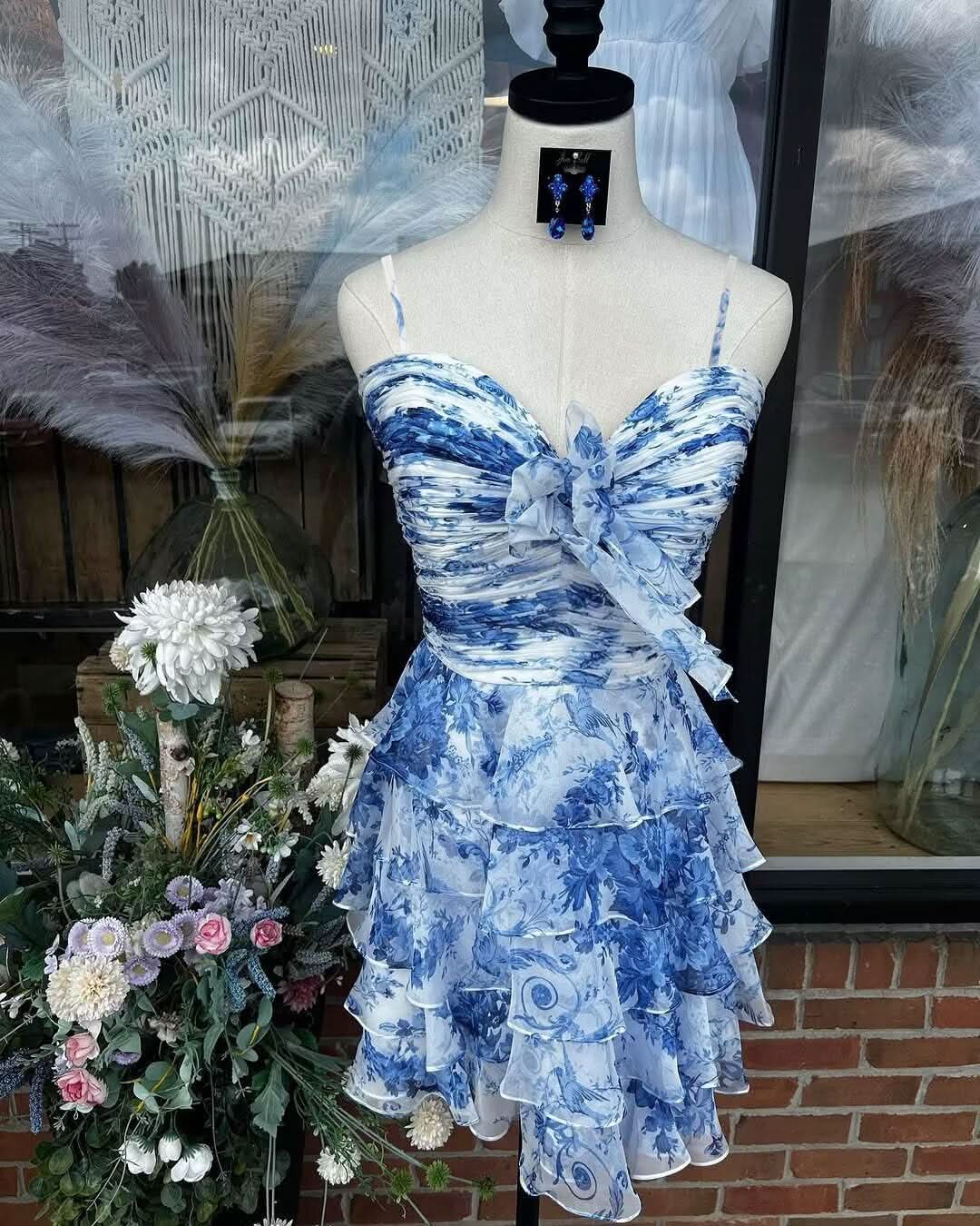 Tiered Ruffles Short Homecoming Dresses with Bow Corset Floral Print Mini Cocktail Party Gown - Bmbride